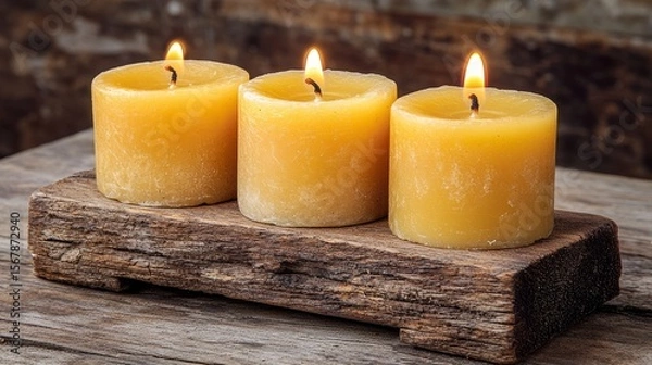 Fototapeta Three Candles Ablaze: Three pillar candles stand in a row on a rustic wooden base, casting a warm glow with their flickering flames, creating a sense of serenity and peace.