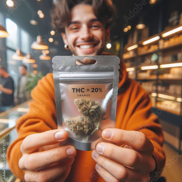 Fototapeta Participant in a cannabis pilot program, presents a sample of marijuana in a sealed, labeled pouch that indicates the THC content. professional dispensary. regulated approach. Access. Generative AI