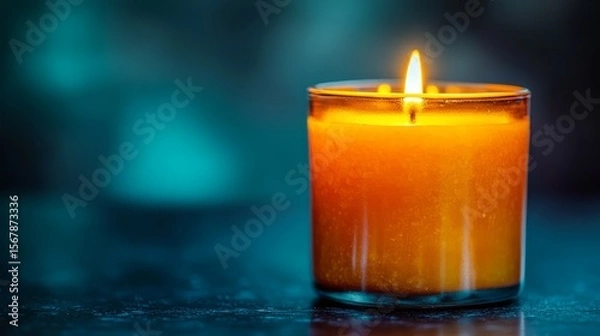 Fototapeta Glowing Candle's Warmth: A solitary candle with a radiant flame, casting a warm, inviting glow against a beautifully blurred backdrop, exuding tranquility and serenity.