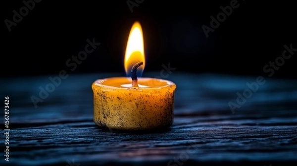 Fototapeta Single Candle Flame: A single, flickering candle flame casts a warm, inviting glow against a dark wooden surface, creating a mood of peace, reflection, and remembrance.