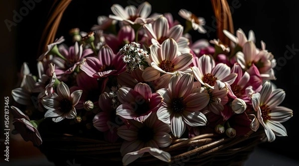 Fototapeta Close-up of a basket of flowers, high contrast and low key lighting highlight minute flower details, creating a dramatic effect with deep shadows