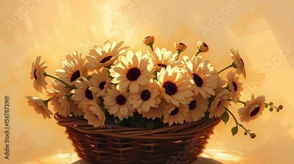Fototapeta An impressionist painting of a basket of flowers bathed in warm golden light. The colors are dominated by browns and creams, with a focus on capturing the nuances of light and shadow.