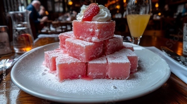 Fototapeta Watermelon Delight: A delectable arrangement of cubed watermelon topped with whipped cream and a fresh strawberry, artfully presented on a plate.