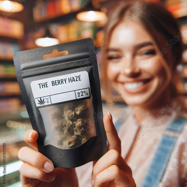 Fototapeta Participant in a cannabis pilot program, presents a sample of marijuana in a sealed, labeled pouch that indicates the THC content. professional dispensary. regulated approach. Access. Generative AI