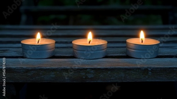 Fototapeta Candlelight Harmony: Three lit candles cast a warm, inviting glow upon a wooden surface, creating a serene and contemplative atmosphere.