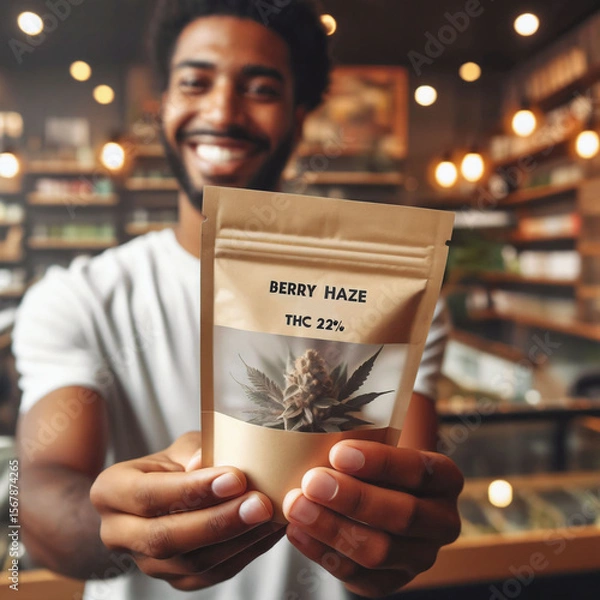 Fototapeta Participant in a cannabis pilot program, presents a sample of marijuana in a sealed, labeled pouch that indicates the THC content. professional dispensary. regulated approach. Access. Generative AI
