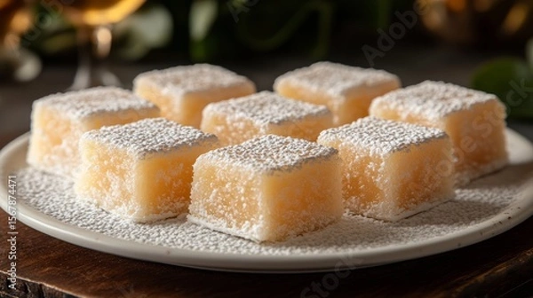 Fototapeta Gourmet Dessert Cubes: A culinary display of elegant dessert cubes dusted with powdered sugar, offering a tempting treat for the senses, perfect for culinary imagery.