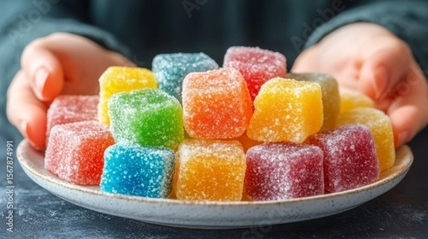 Fototapeta Gummy Delights: A vibrant, close-up view showcases an array of colorful gummy candies artistically arranged on a plate, held by a person, symbolizing the sweet joy of treats.