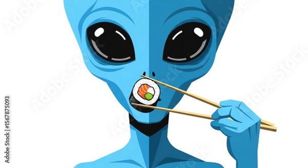 Fototapeta Cute Blue Alien Enjoying Sushi with Chopsticks - Fun Vector Illustration - High-quality stock image for commercial use