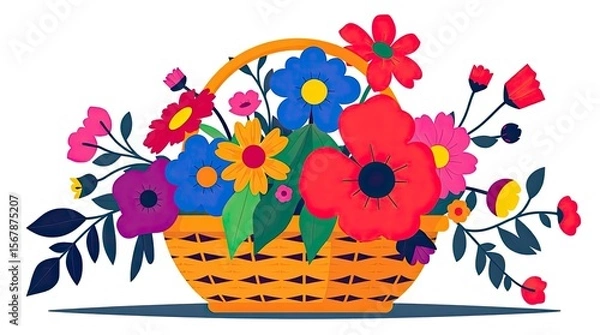 Fototapeta Modern flat design depicts a basket of flowers using simple, two-dimensional shapes and electric, vivid colors. Bold, saturated hues dominate the scene