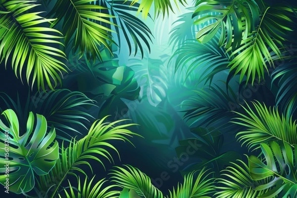 Fototapeta Exotic jungle tropical palm leaves. Summer floral design with green color background. Vector illustration.