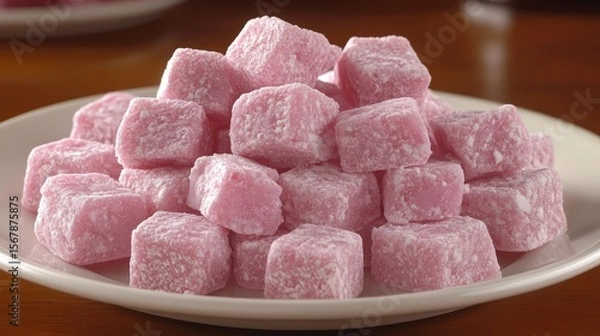 Fototapeta Pink Cubes of Delight: A pile of enticing pink sweets rests elegantly on a plate, tempting the eye with its sugary allure and a promise of sweet pleasure.