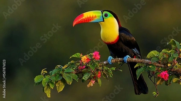 Fototapeta Vibrant toucan perched on flowering branch