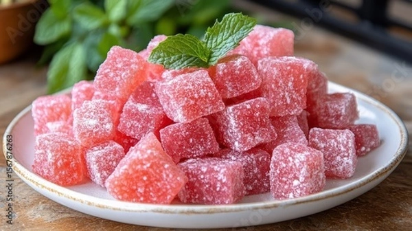 Fototapeta Sweet Delight: A close-up shot captures a plate overflowing with vibrantly pink, square-shaped, candied delicacies, adorned with a sprig of fresh mint, tempting the viewer with its sugary allure.