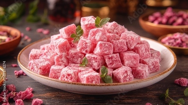 Fototapeta Pink Delight Cubes: Delicate pink dessert cubes, dusted with sugar, rest on a plate, a culinary delight to tantalize taste buds.