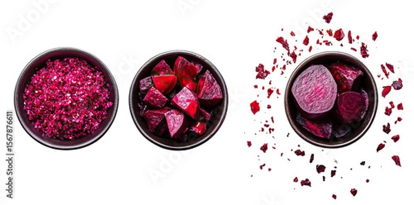 Fototapeta Set of beetroot presentations - halved and grated. Each element separately on a white background