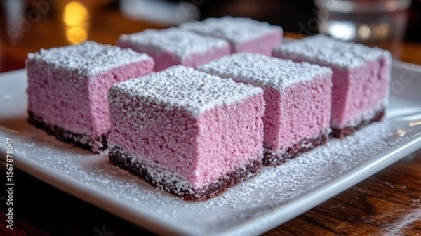 Fototapeta Berry delight: A close-up shot showcasing six delightful pink square desserts, dusted with a generous layer of powdered sugar, offering a delectable treat for the senses.