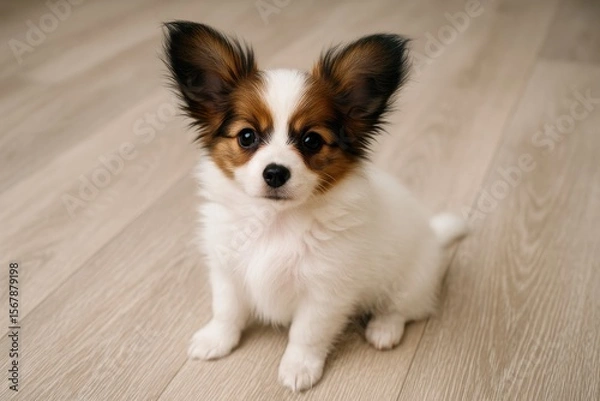 Fototapeta Adorable Papillon puppy resting on the ground