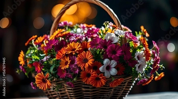 Fototapeta A basket filled with bright flowers, bathed in chiaroscuro light, features a blurred bokeh background, which emphasizes the sharp floral details and dark shadows.