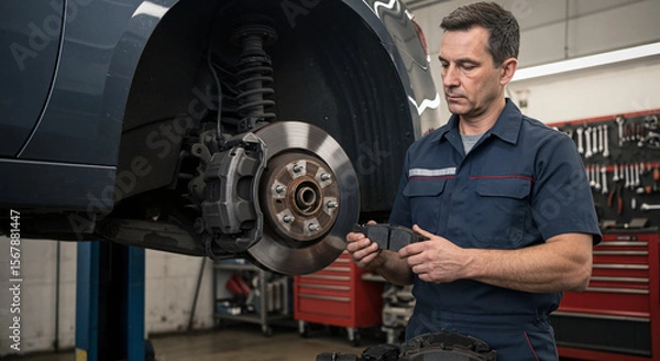 Fototapeta Male mechanic working with brake pads replacement in car service station