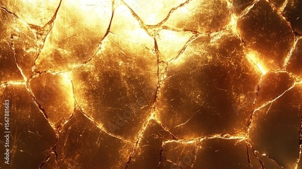 Fototapeta Golden cracked wall: A close-up of a luxurious golden cracked wall, shimmering with an alluring warm glow, creating a striking texture and abstract appeal. The imperfections add to its unique charm.