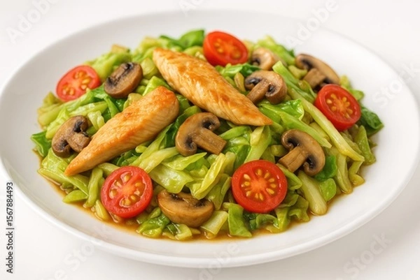 Obraz Delicious chicken paired with cabbage, mushrooms, and cherry flavors