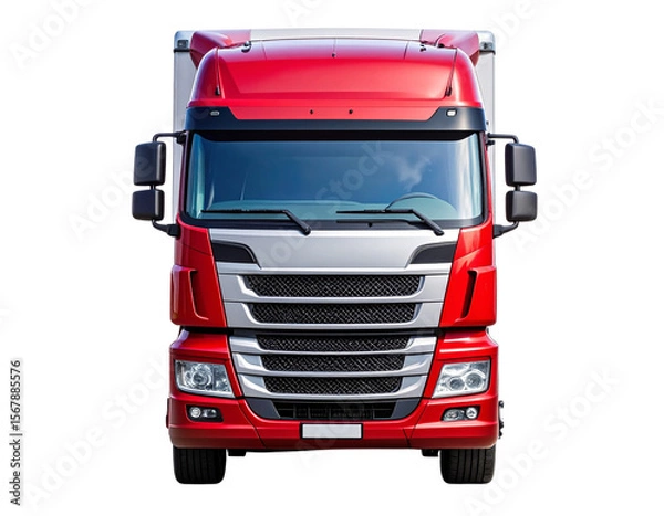 Obraz  Modern Red European Freight Truck Front View with Chrome Details, isolated on transparent background PNG