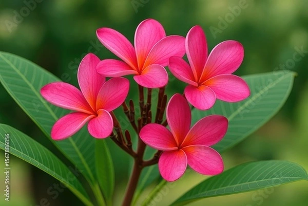 Obraz Detailed view of vibrant pink plumeria blossoms thriving in a lush garden