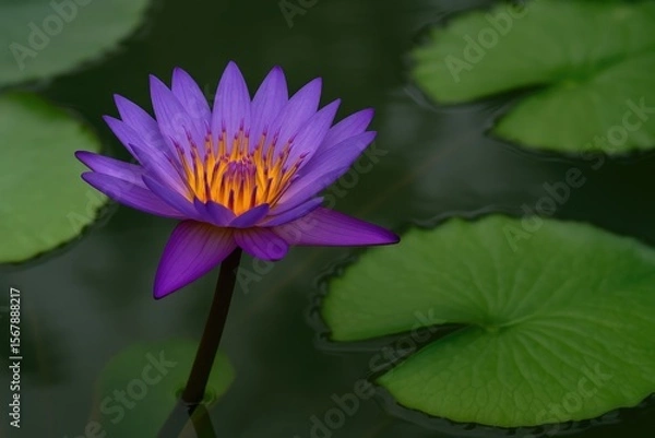 Fototapeta Detailed shot of a purple water lily with surrounding leaves in a pond