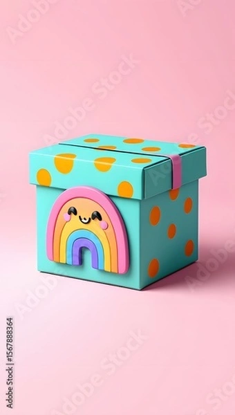 Fototapeta Cute rainbow gift box present polka dots teal pink background adorable cheerful colorful design