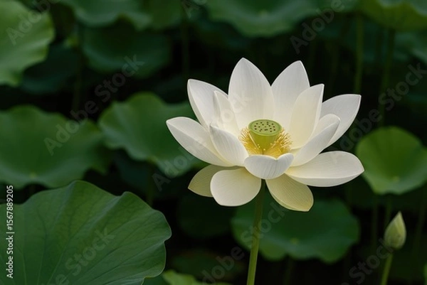 Fototapeta Detailed view of a water lily and its surrounding aquatic plants