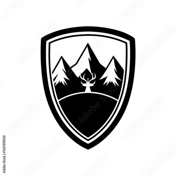 Fototapeta A Rustic Mountain Landscape with a Stag Silhouette in a Vintage Shield Badge