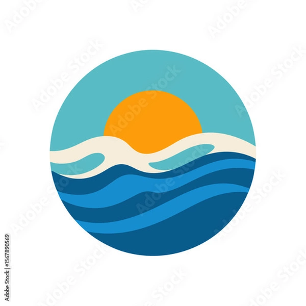 Fototapeta A Minimalist Ocean Wave with a Setting Sun in a Modern Circular Emblem Logo