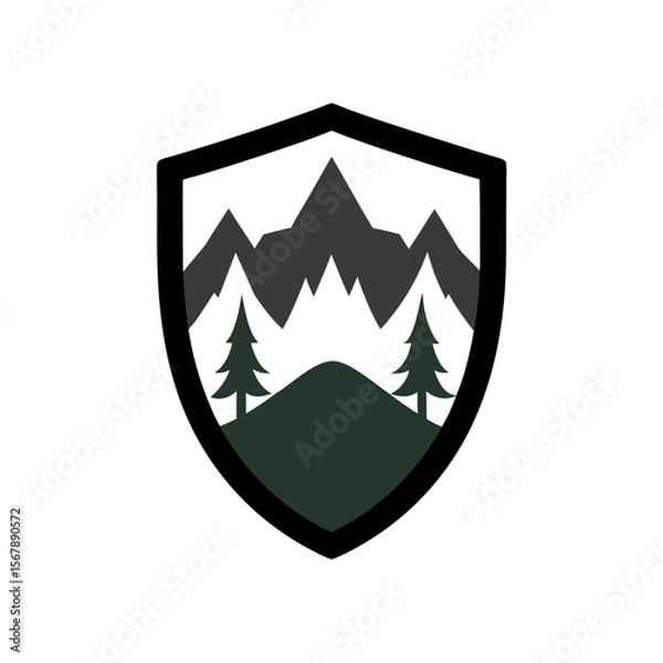 Fototapeta A Mountain Landscape with a Deer Silhouette in a Traditional Shield Emblem