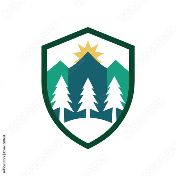 Fototapeta A Winter Pine Trees Logo with Snow and Sun in a Classic Shield Emblem Design