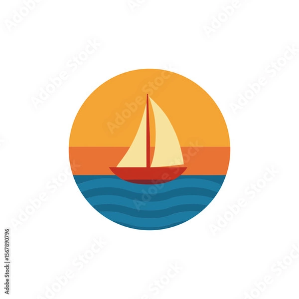 Fototapeta A Serene Sailing Boat at Sea During Golden Hour in a Circular Frame Logo Design