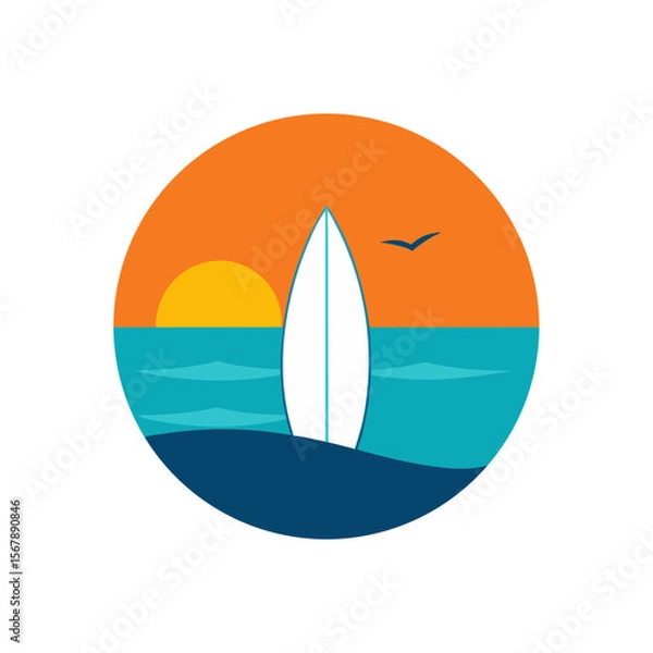 Fototapeta A Beautiful Surfboard on a Beach with a Sunset in a Round Vintage Style Logo
