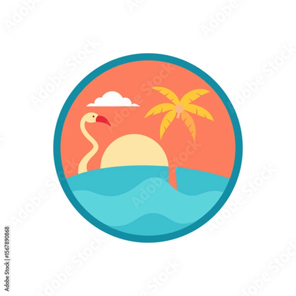 Fototapeta A Vibrant Tropical Island Logo with a Flamingo and Sun in a Circular Frame