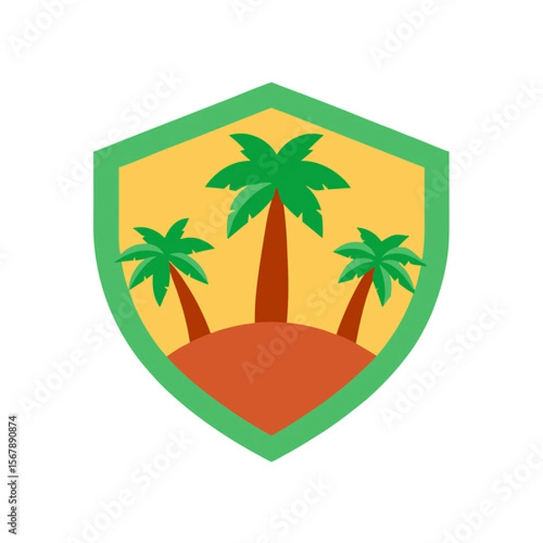 Fototapeta A Serene Tropical Island with Palm Trees in a Vintage Style Badge Logo Design