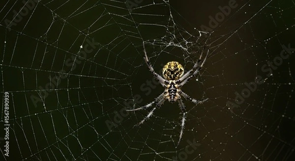 Fototapeta Orb weaver spider meticulously waits on a dew-covered spiderweb in nature