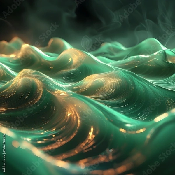Fototapeta Shiny Emerald Waves with Golden Reflections