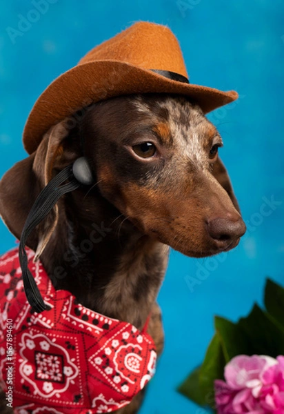 Obraz Такса щенок позирует на зеленом фоне