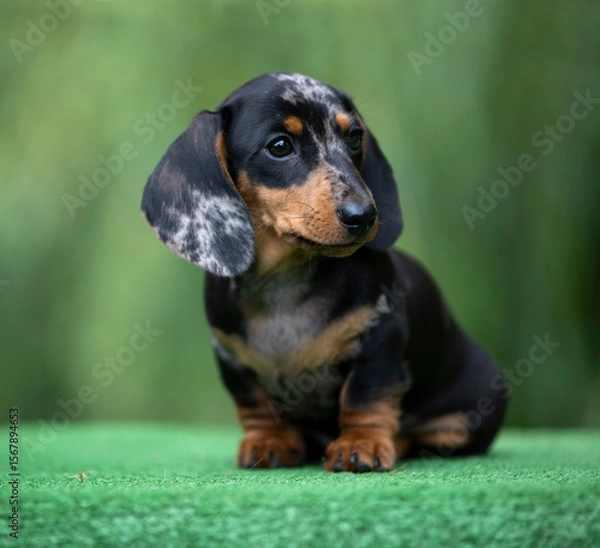 Obraz Такса щенок позирует на зеленом фоне