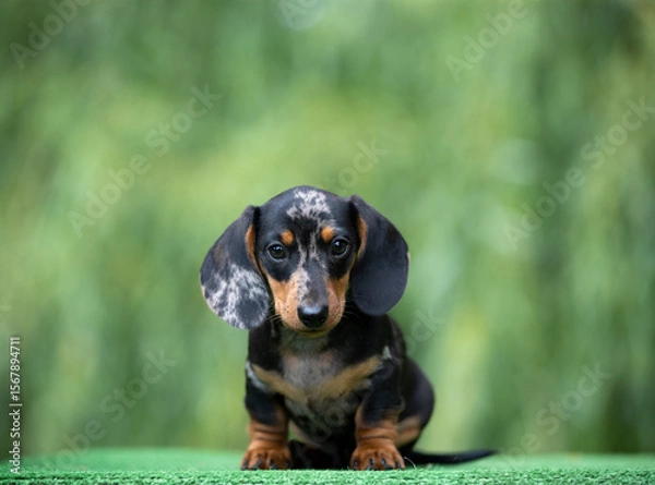 Obraz Такса щенок позирует на зеленом фоне
