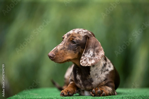 Obraz портрет мраморной таксы на фоне зеленой травы