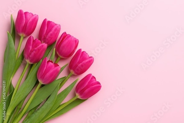 Fototapeta Vibrant Pink Tulip Bouquet on a Pink Backdrop with Space for Message