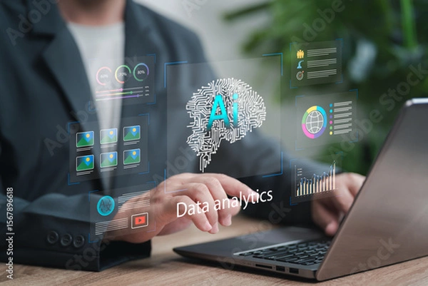 Fototapeta AI agent, AI data analytics concept, Businessman analyzes business strategies with AI system, Statistical probability and big data, Machine learning, Business intelligence, Automation, Evolution