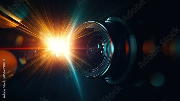 Fototapeta A cinematic close-up of the lens flare from an  camera, with a black background