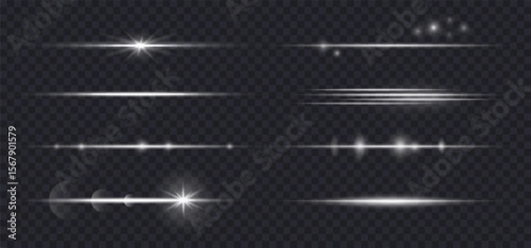 Fototapeta Light flare lens effect horizontal, white light beam, glow line rays isolated on dark bg. Sparkle laser beam set, vector illustration. Christmas light effect with bokeh and stars.