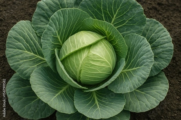 Fototapeta Vegetable patch with a prominent cabbage head